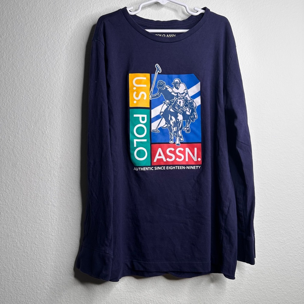 US Polo Assn Kids Navy Blue Long Sleeve Graphic Tee Shirt Size L 10-12